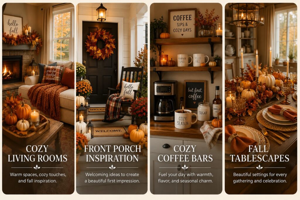 A four-panel collage featuring cozy fall living rooms, welcoming front porch décor, seasonal coffee bar ideas, and elegant fall tablescapes, inviting visitors to explore autumn home decorating inspiration.