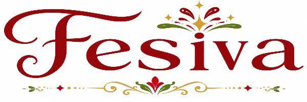 Fesiva logo featuring an elegant festive wordmark with a decorative celebration icon in red, gold, and green.