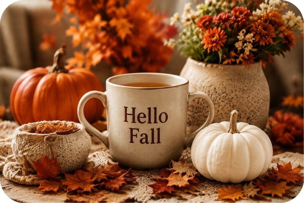 Cozy autumn scene with a Hello Fall mug, pumpkins, autumn leaves, knitted textures, and seasonal flowers creating a warm fall gathering atmosphere.
